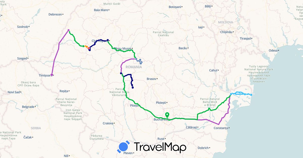 TravelMap itinerary: driving, bus, plane, cycling, train, hiking, boat, hitchhiking in Romania (Europe)