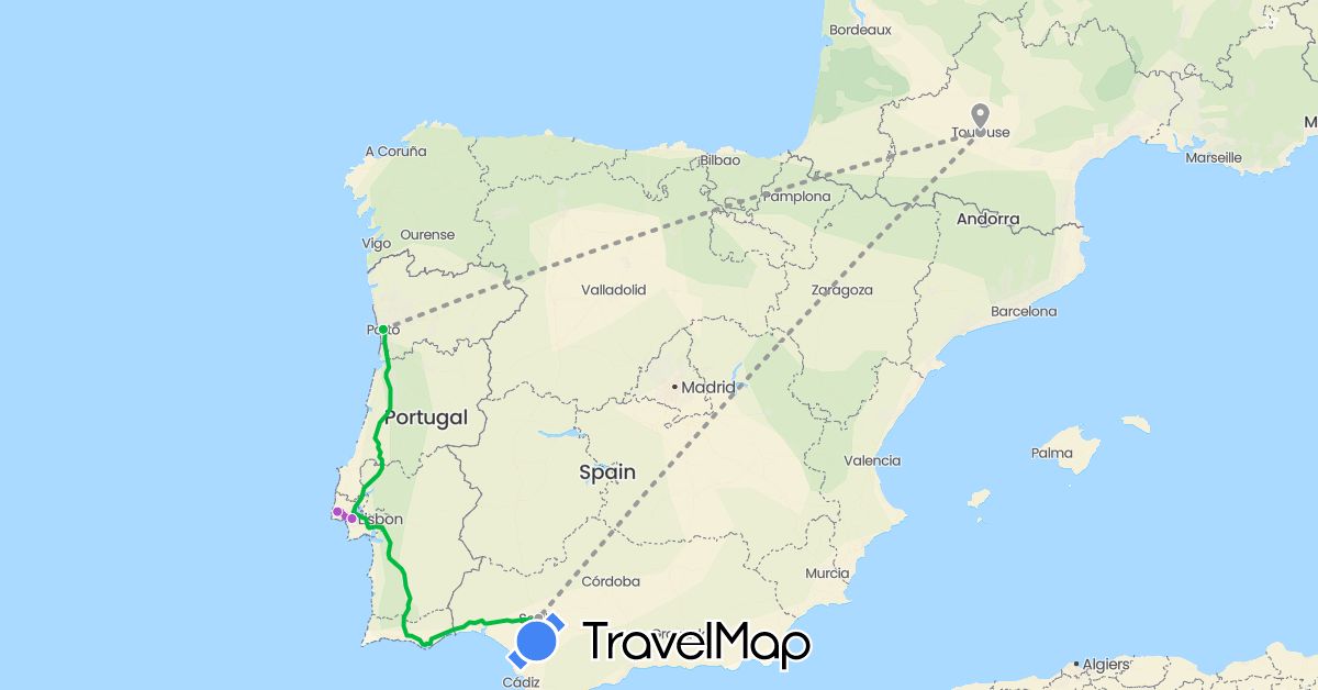 TravelMap itinerary: driving, bus, plane, train in Spain, France, Portugal (Europe)
