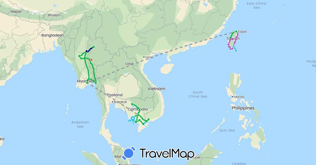 TravelMap itinerary: driving, bus, plane, train, hiking, boat in Cambodia, Myanmar (Burma), Taiwan, Vietnam (Asia)
