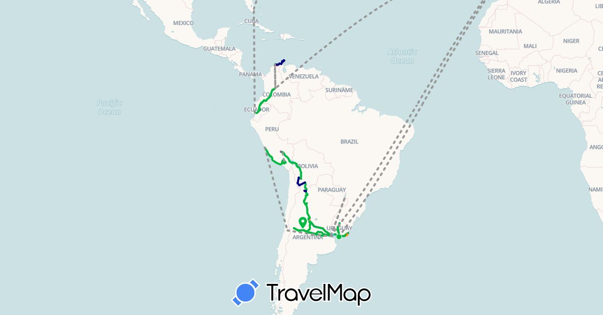 TravelMap itinerary: driving, bus, plane, cycling, train, hiking, boat, hitchhiking in Argentina, Bolivia, Chile, Colombia, Ecuador, Spain, France, Peru, United States, Uruguay (Europe, North America, South America)