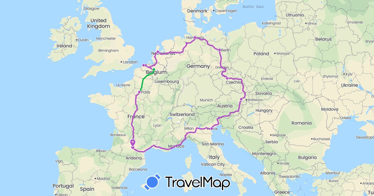 TravelMap itinerary: driving, bus, train in Austria, Belgium, Czech Republic, Germany, France, Italy, Netherlands (Europe)